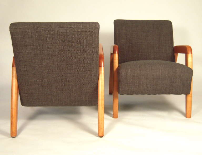 Maple Pair of Mid-Century Modern Upholstered Armchairs