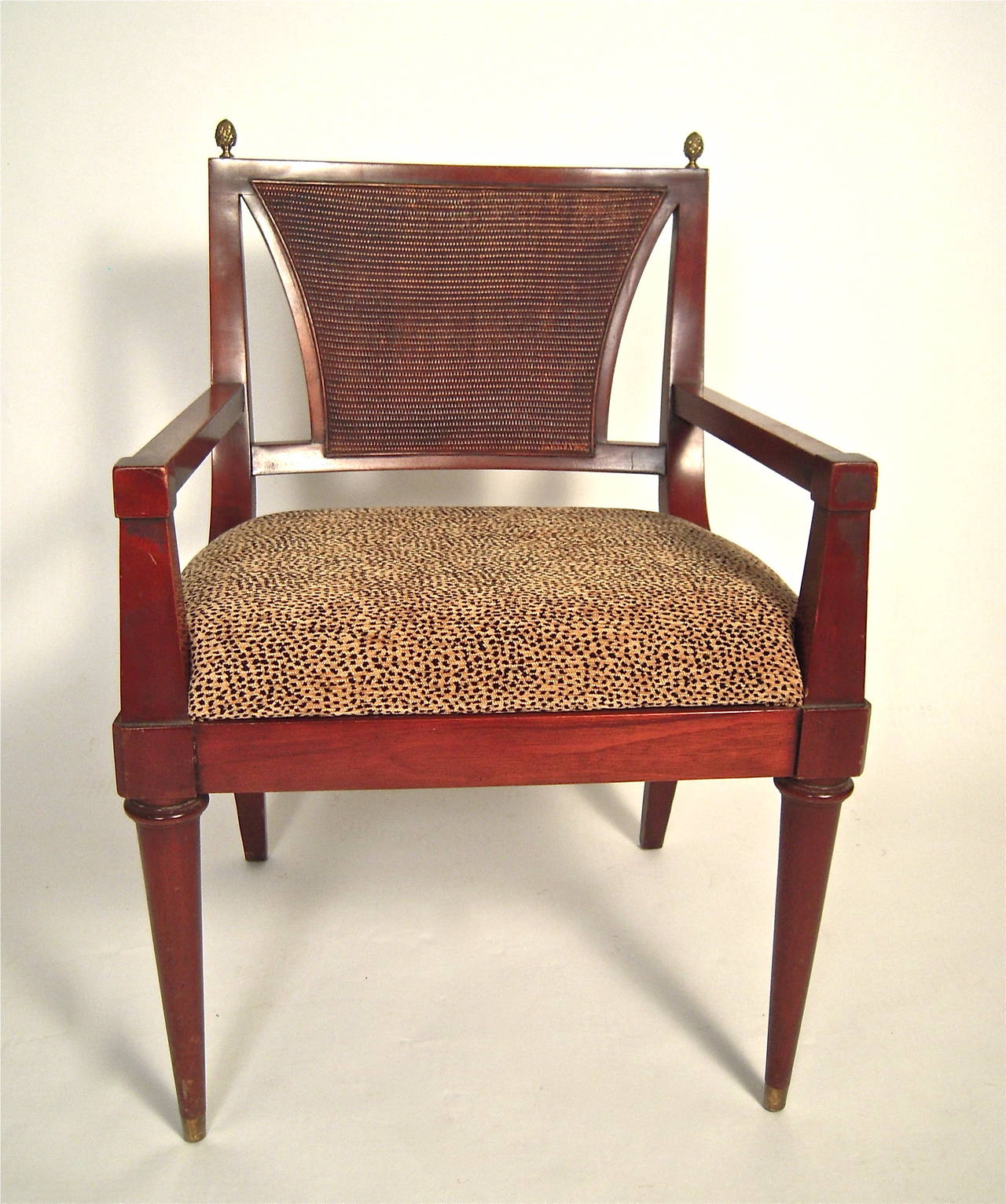 American Mid-Century Neoclassical Style Caned Armchair with Pineapple Finials