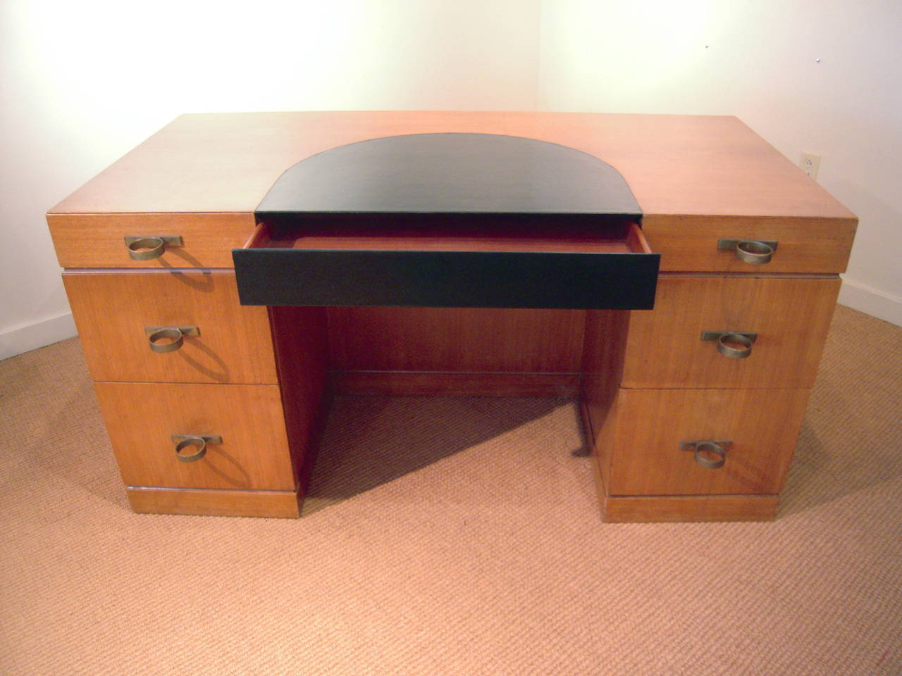 Art Deco Leather and Mahogany Desk with Fabulous Ring Drawer Pulls 1