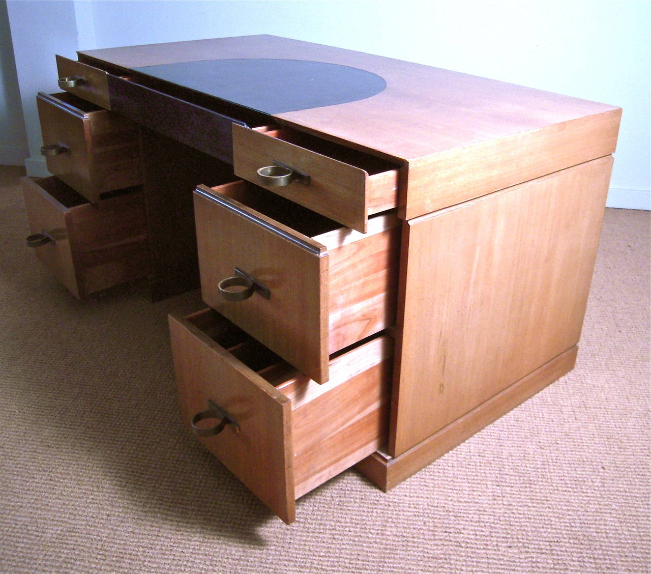 Art Deco Leather and Mahogany Desk with Fabulous Ring Drawer Pulls In Excellent Condition In Essex, MA