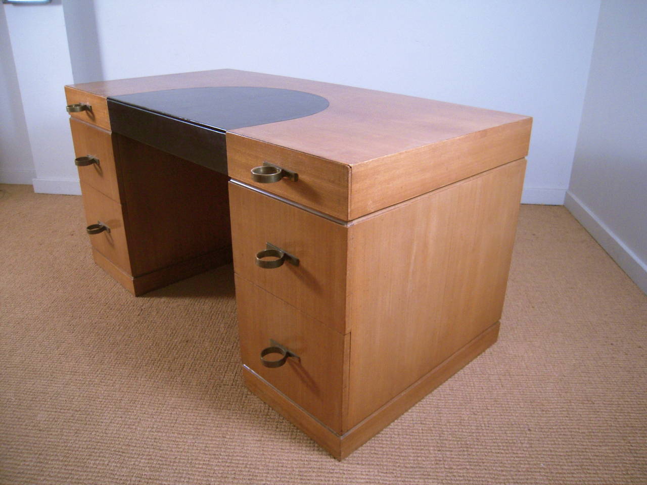 Ebonized Art Deco Leather and Mahogany Desk with Fabulous Ring Drawer Pulls