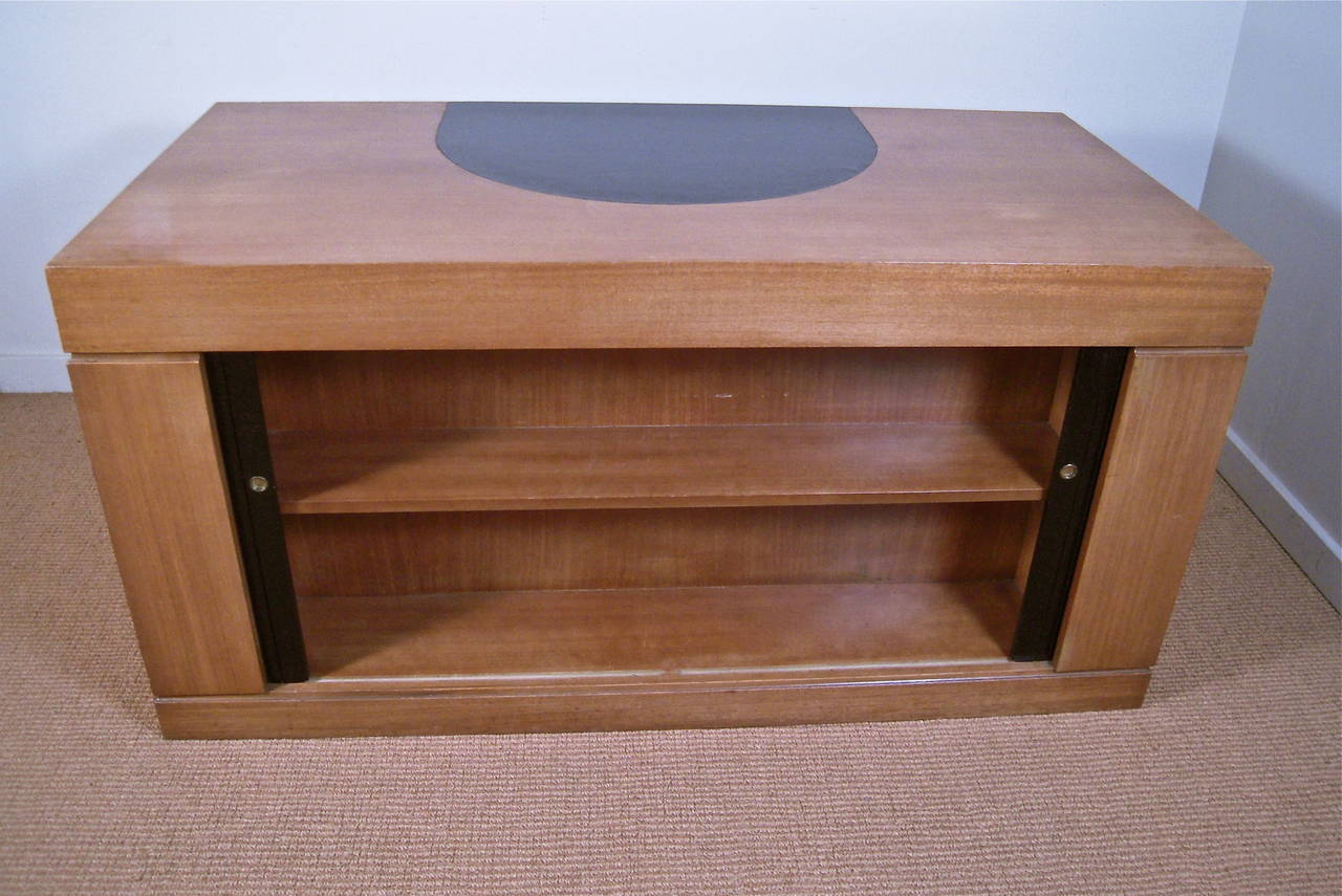 Art Deco Leather and Mahogany Desk with Fabulous Ring Drawer Pulls 3
