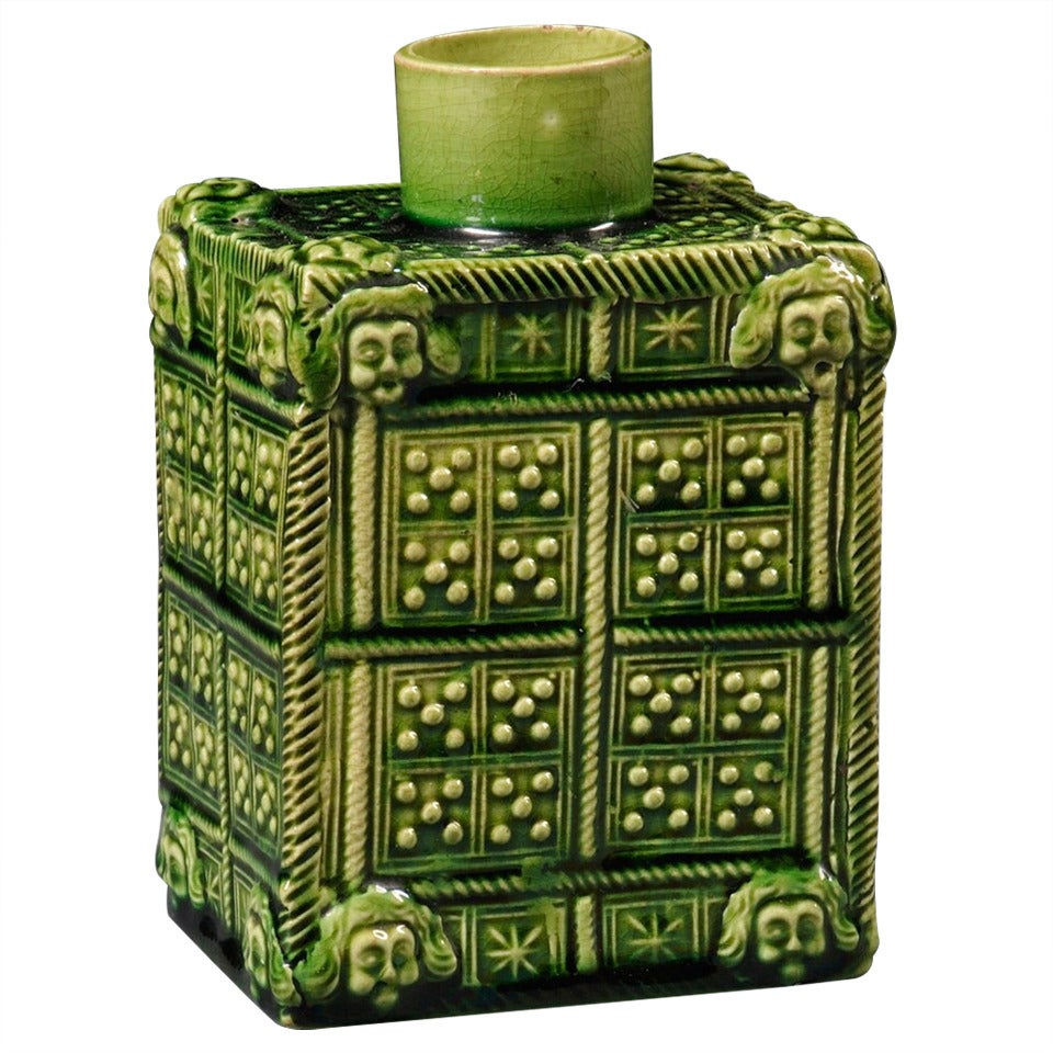 A Rare, Early  Staffordshire Pottery Green Glazed Tea Caddy