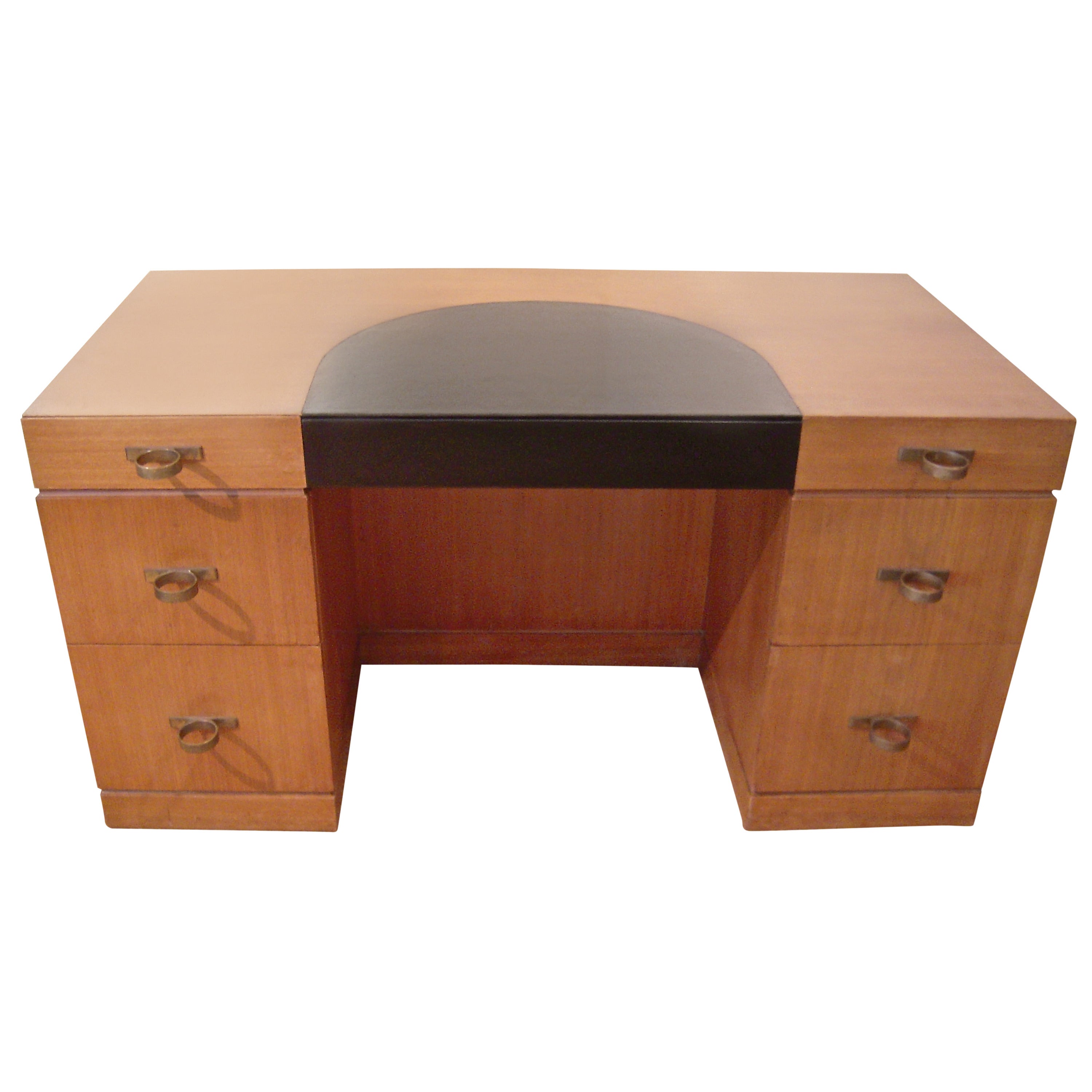 Art Deco Leather and Mahogany Desk with Fabulous Ring Drawer Pulls
