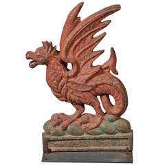 Large 19th Century Painted Cast Iron Welsh Dragon Architectural Ornament