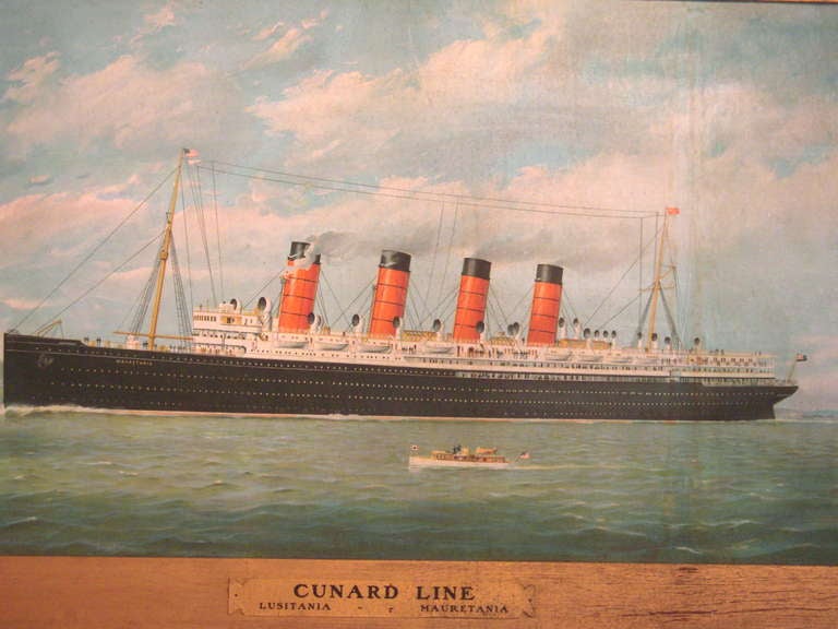An original Cunard Line lithograph color printed, on textured board, travel agency advertising poster for the Cunard Line's Mauretania and Lusitania, in its original gilded oak frame with original Cunard Line plaque.