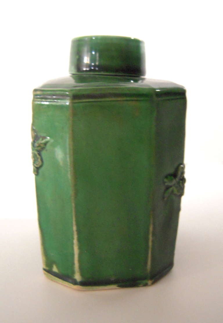 Chinoiserie 18th Century English Green Glazed Staffordshire Pottery Tea Caddy