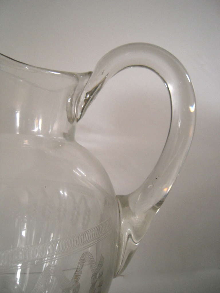 Giant 19th Century Etched Glass Pitcher In Excellent Condition In Essex, MA
