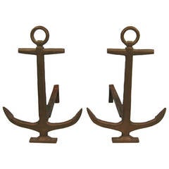 Vintage Pair of Brass Anchor Andirons