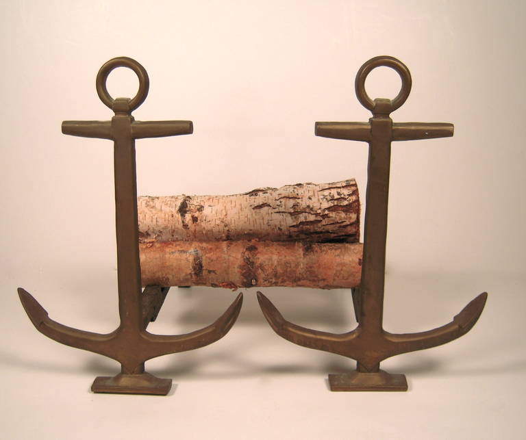 American Pair of Brass Anchor Andirons