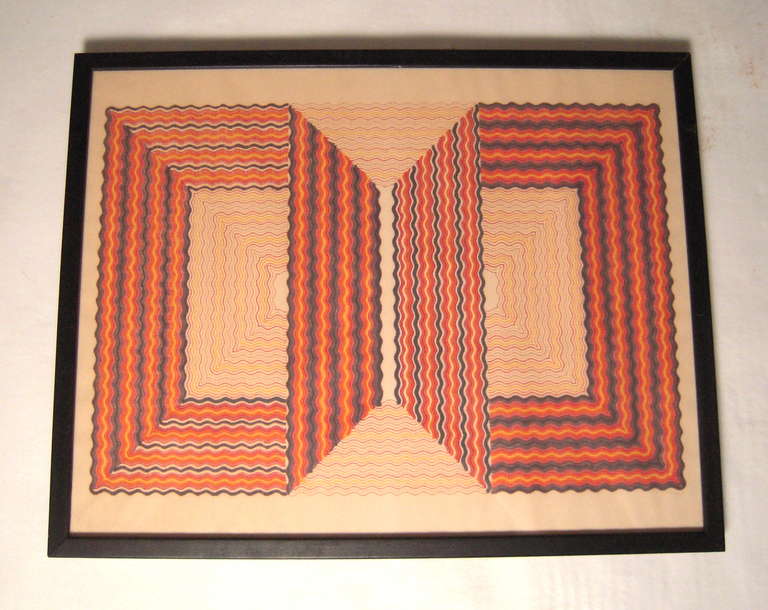 A striking abstract geometric drawing in pen and ink on paper,  signed (illegible) and dated lower right 1971.

Framed.