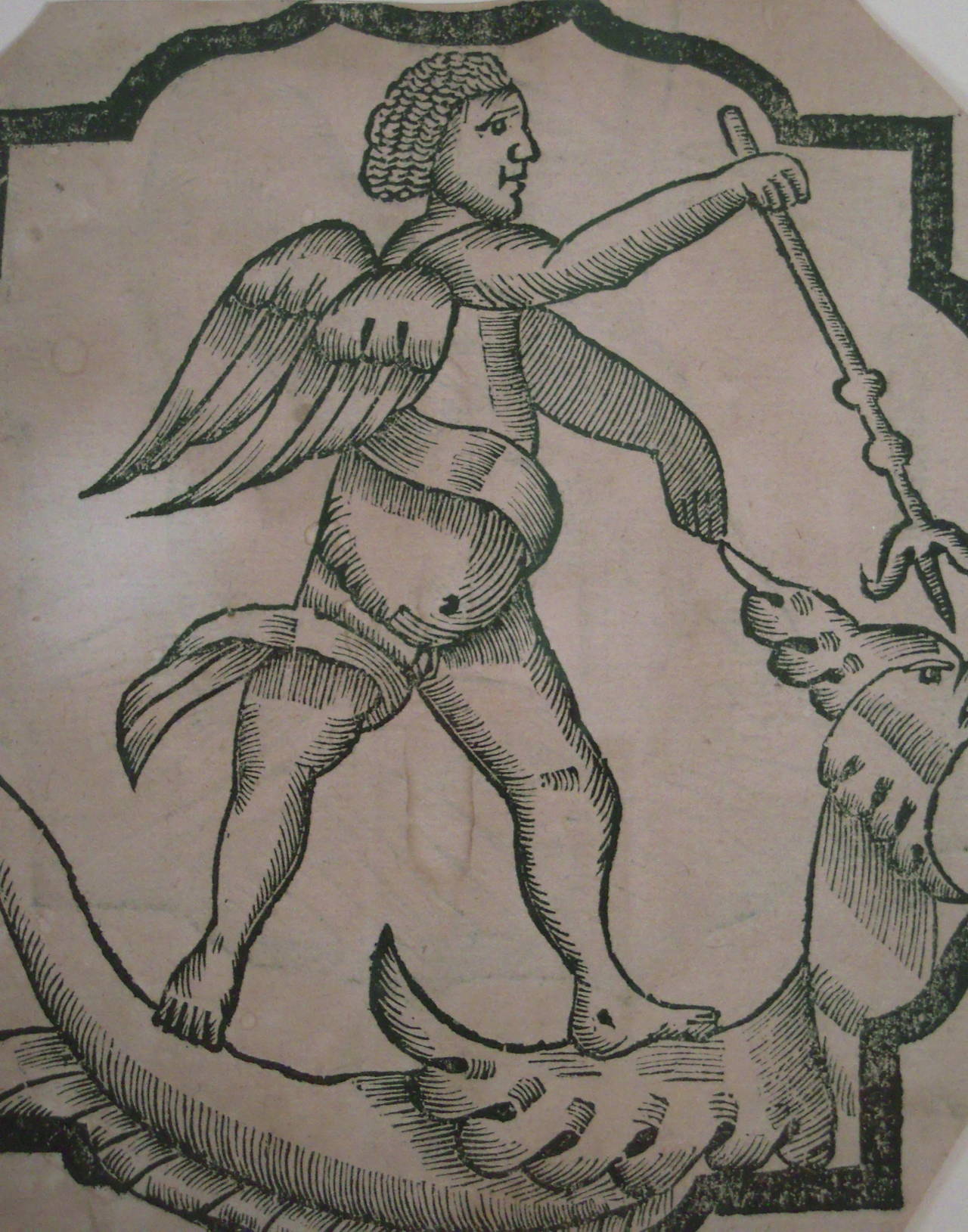 European Charming Early Woodcut of St Michael Slaying the Dragon