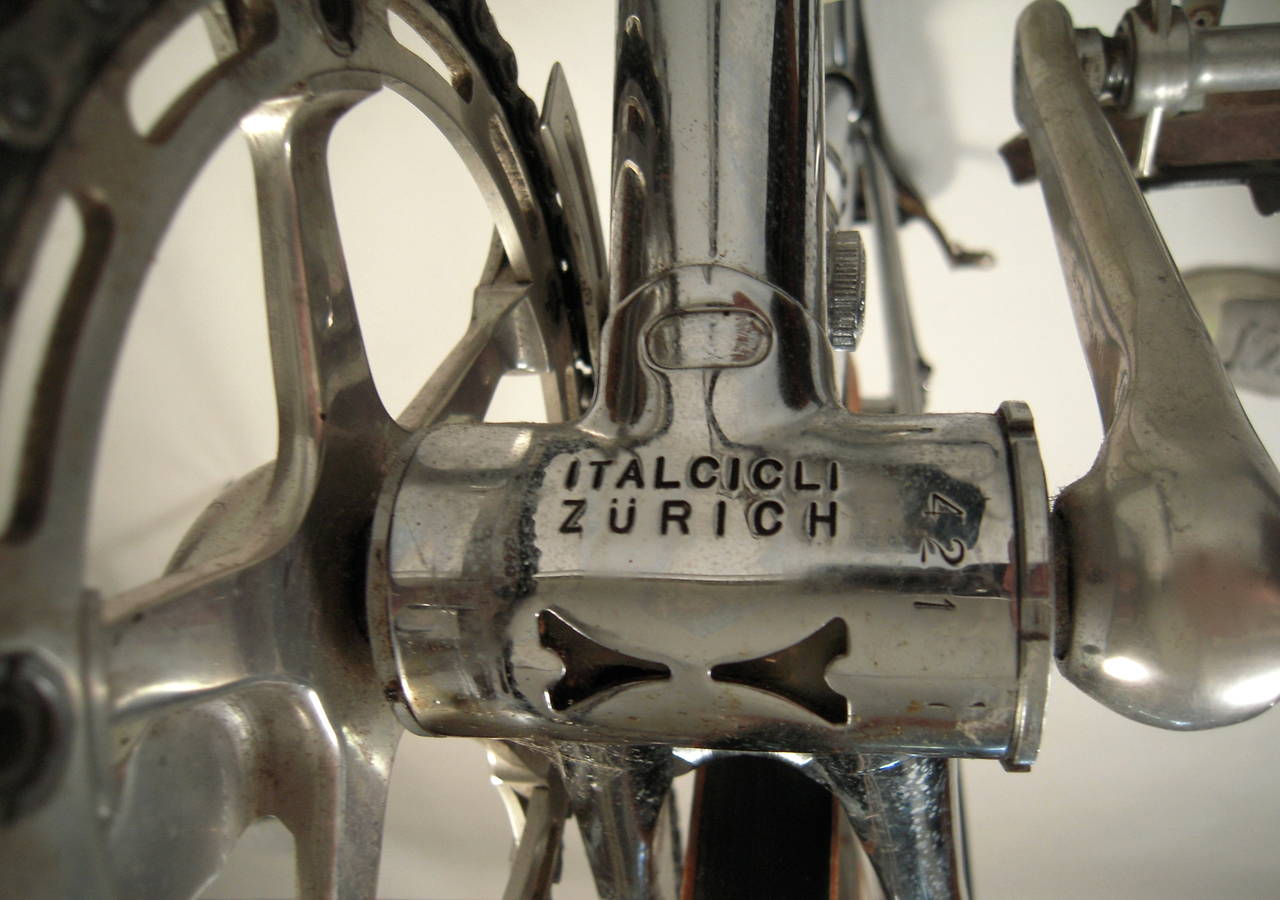 A rare, custom-made chrome plated, light weight racing bicycle by Italcicli Systems (ICS), Zurich, Switzerland, circa 1980, fitted with the finest Italian Campognolo components, leather wrapped Cinelli handlebar stem, and many custom, patented ICS