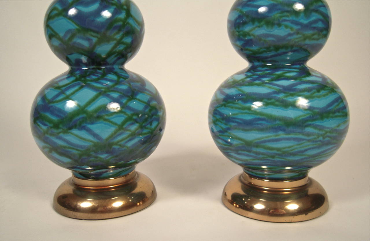 Mid-20th Century Pair of Tall 1960s Blue and Green Triple Gourd Pottery Lamps