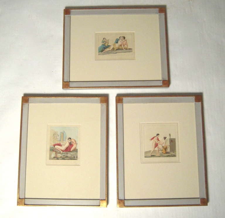 A set of three 19th century erotic, period hand colored neoclassical prints depicting once forbidden Pompeiian fresco scenes, available for viewing in print and in the 'Secret Museum' (today the Archaeological Museum in Naples), in beautiful, high