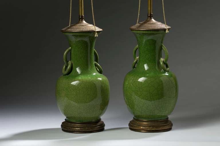 Pair of Apple Green Pottery Vase Lamps at 1stdibs