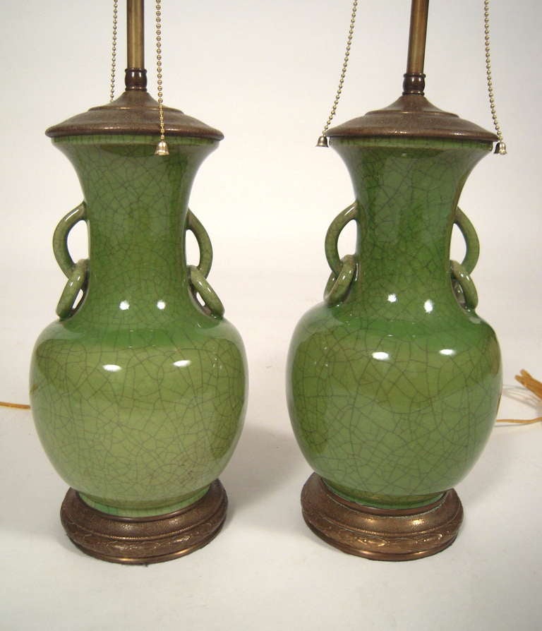 Pair of Apple Green Pottery Vase Lamps