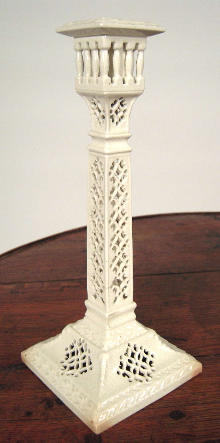 A set pair of uncommon, finely pierced Staffordshire Leeds Pottery candlesticks attributed to George Senior, Leeds, circa 1920s, made from original 18th century molds. 

Provenance: The Art Institute of Chicago

In the late 19th and early 20th