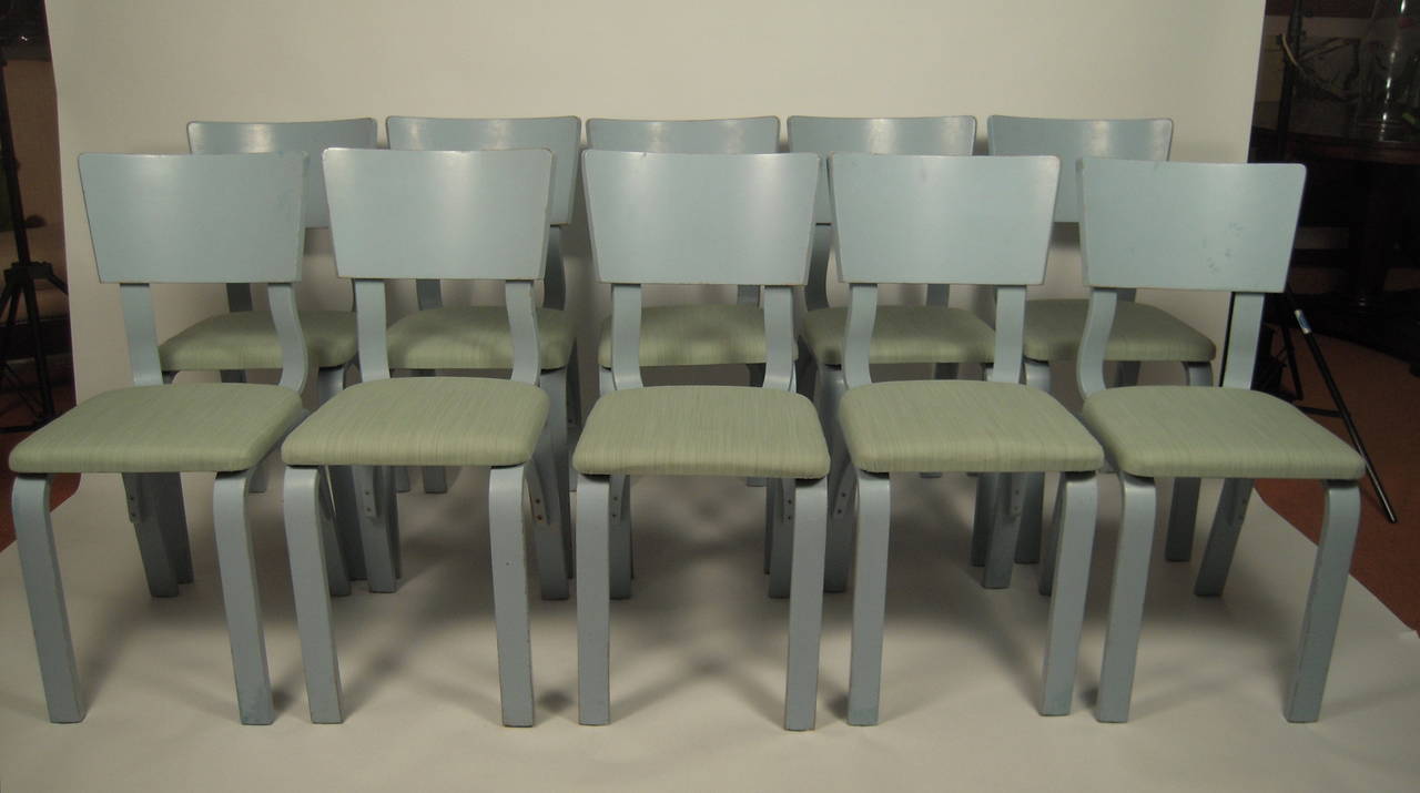 A set of ten Thonet bentwood dining chairs, in light blue paint with new celadon green upholstered drop-in seat cushions. Several examples with original label on underside of seat. 

 Originally made for a restaurant on Cape Cod, very solid,