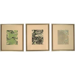 Three Framed Japanese Kimono Fabric Design Prints