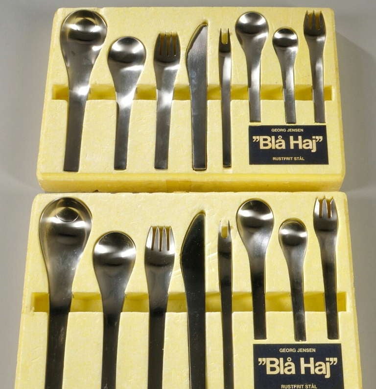 A Svende Siune for Georg Jensen Blå Haj (Blue Shark) Cutlery Service for Eight, with additional serving pieces
Stainless steel
Denmark, designed 1965 

In original box, never used.

Comprising 8 each: 

Tablespoons, 6 3/4