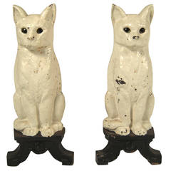 Vintage Pair of Cat Andirons with Green Glass Eyes