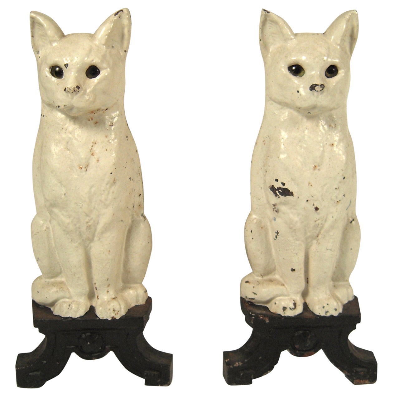 Pair of Cat Andirons with Green Glass Eyes