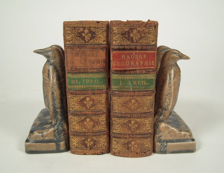 A pair of Rookwood art pottery penguin bookends, Cincinnati, Ohio, circa 1924, each in the form of  a pair of penguins side by side, in mottled brown and gray glaze, with incised pottery and date mark, numbered 2659,  on base.

Excellent condition