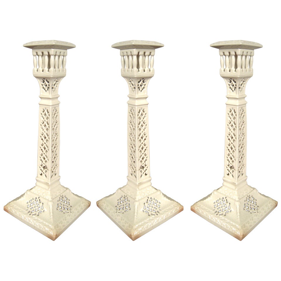 Pair of Leeds Pottery Pierced Creamware Candlesticks