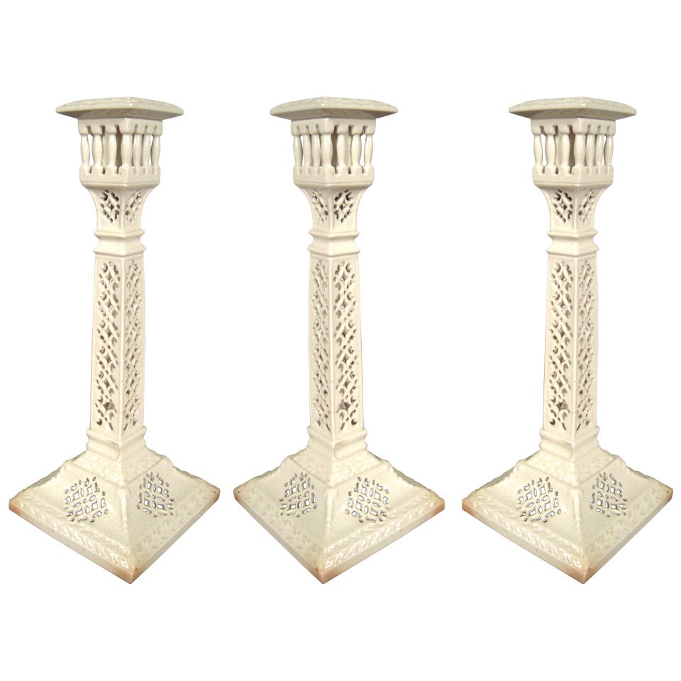 Pair of Leeds Pottery Pierced Creamware Candlesticks