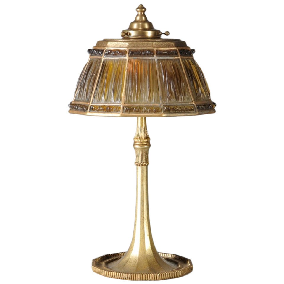 Tiffany Amber Linenfold Glass and Gilt Bronze Lamp