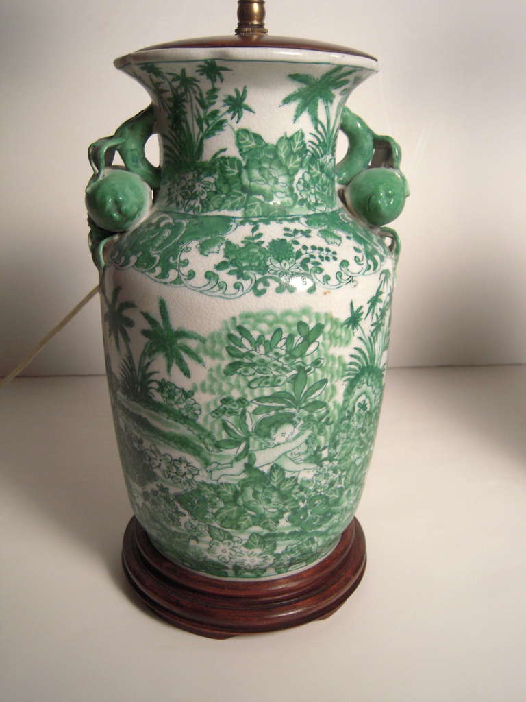 Pair of Fine 19th Century Hand Painted Green Chinese Export Vase Lamps