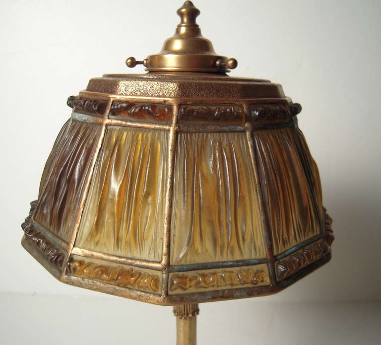 20th Century Tiffany Amber Linenfold Glass and Gilt Bronze Lamp