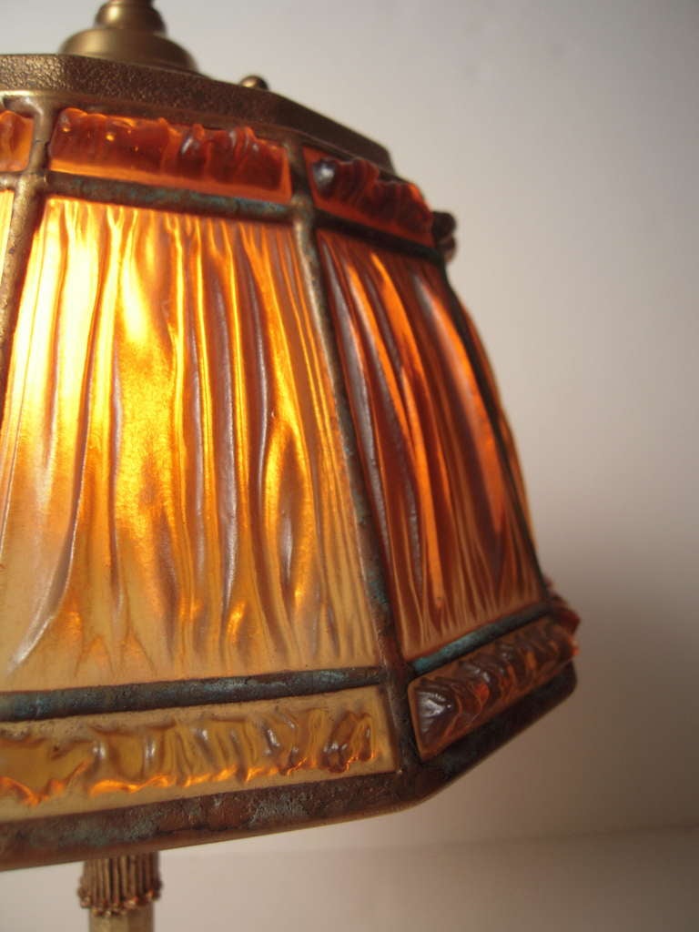 Tiffany Amber Linenfold Glass and Gilt Bronze Lamp 1