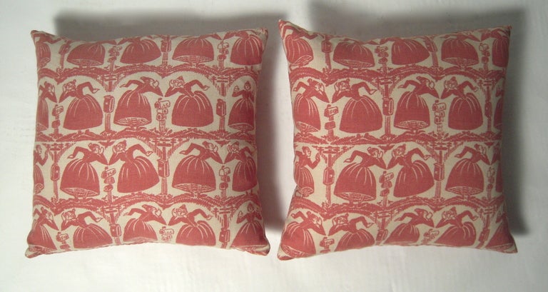 A pair of vintage coral pink/red Folly Cove Designers fabric pillows, in the 
