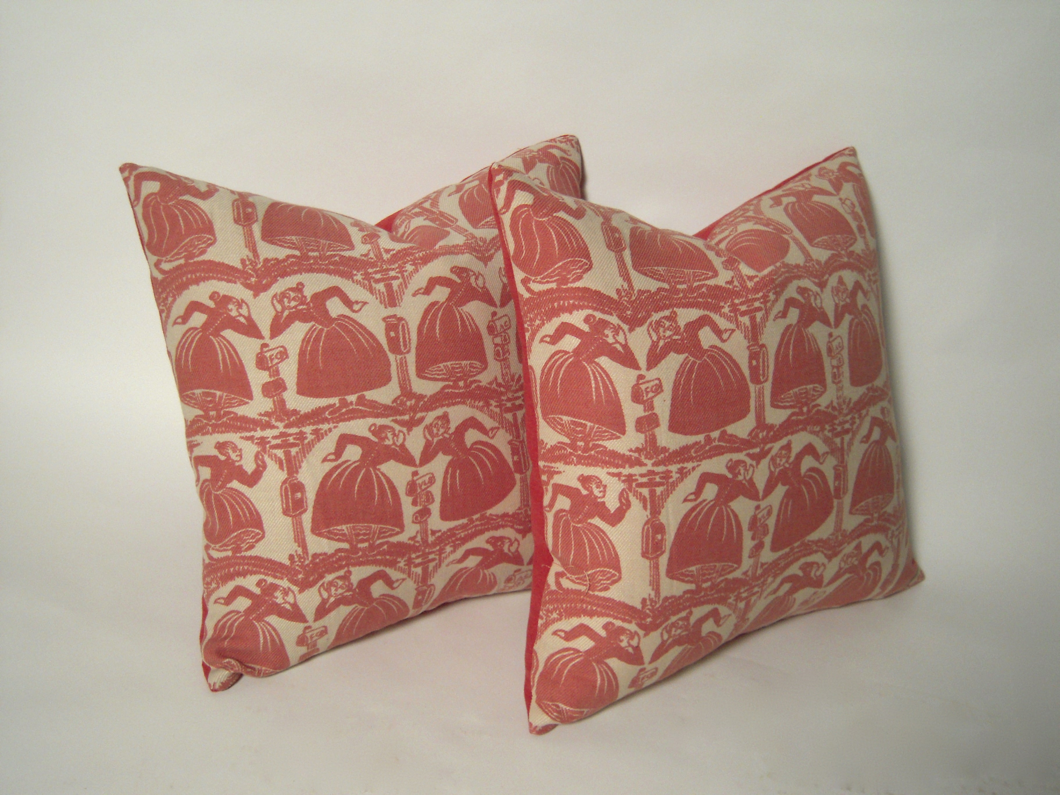 Pair of Folly Cove Designers Gossip Pillows, c. 1940s-60s