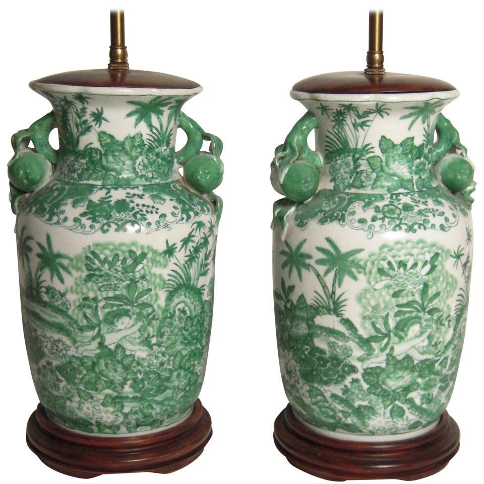 Pair of Fine 19th Century Hand Painted Green Chinese Export Vase Lamps
