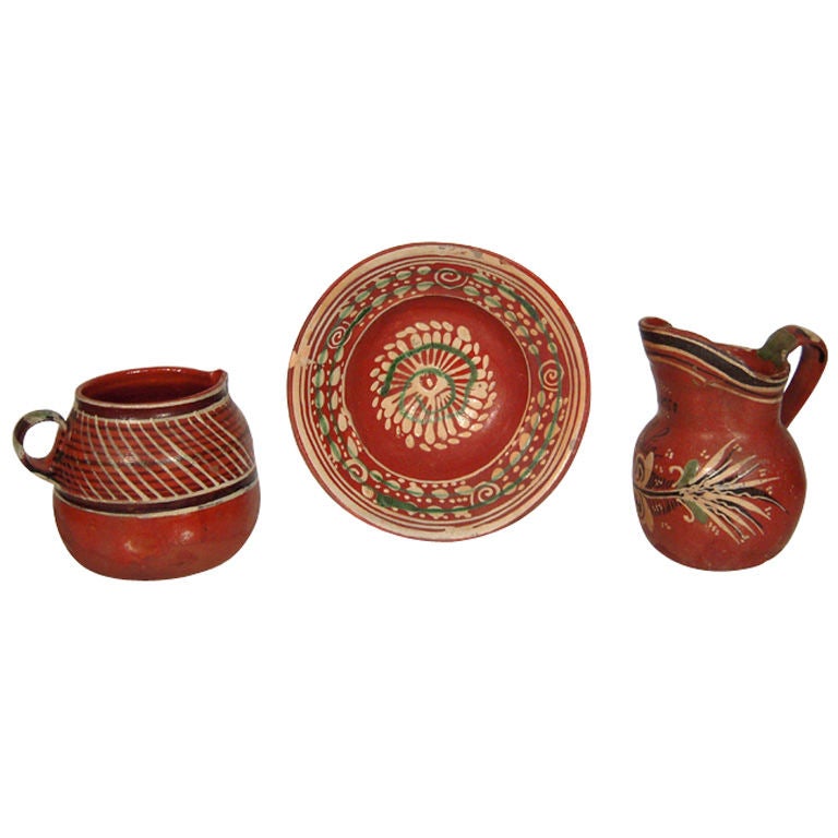 Vintage Mexican 'Bandera' Pottery Pitchers and Bowl
