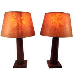 Vintage Pair of Bauhaus Period Oak Lamps with Original Mica Shades