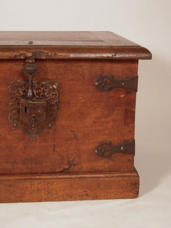 European oak and wrought Iron-mounted strong box, ideal for use as a coffee table, with two elaborate wrought iron strapwork locking mechanisms, retaining their original keys, the corners decorated with wrought iron pierced strap hinges, all raised 