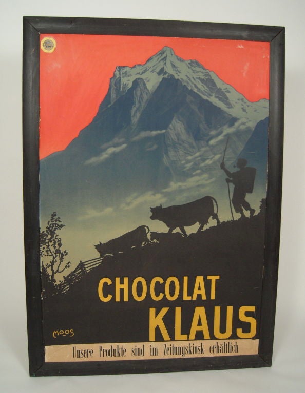 A vintage stone lithograph Swiss poster depicting an alpine landscape with, in silhouette, a shepherd walking his herd back to the farm after a day's grazing high in the alps of the Eiger region, by celebrated poster artist Carl Franz Moos