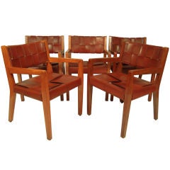 SET OF 6 LEATHER AND WOOD ARMCHAIRS BY STEWART ROSS JAMES