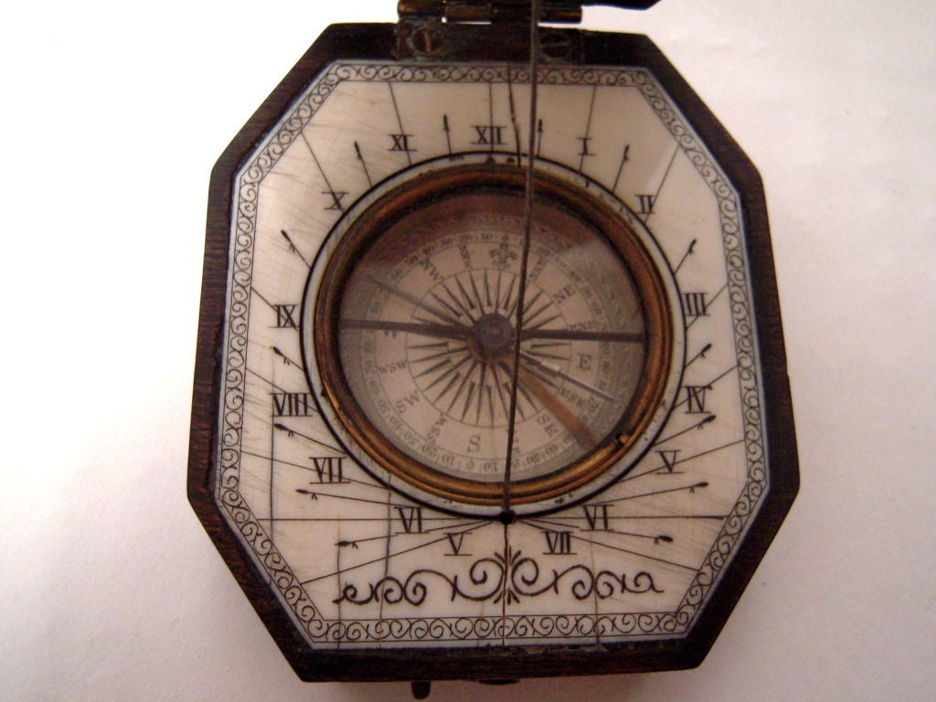 Carved 19th Century Baroque Style Pocket Compass and Sundial