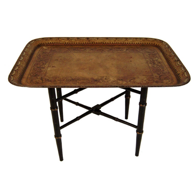 19th Century English Painted Tole Tray on Stand Coffee Table