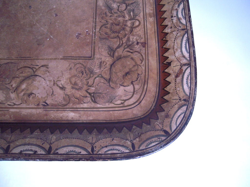 Tin 19th Century English Painted Tole Tray on Stand Coffee Table