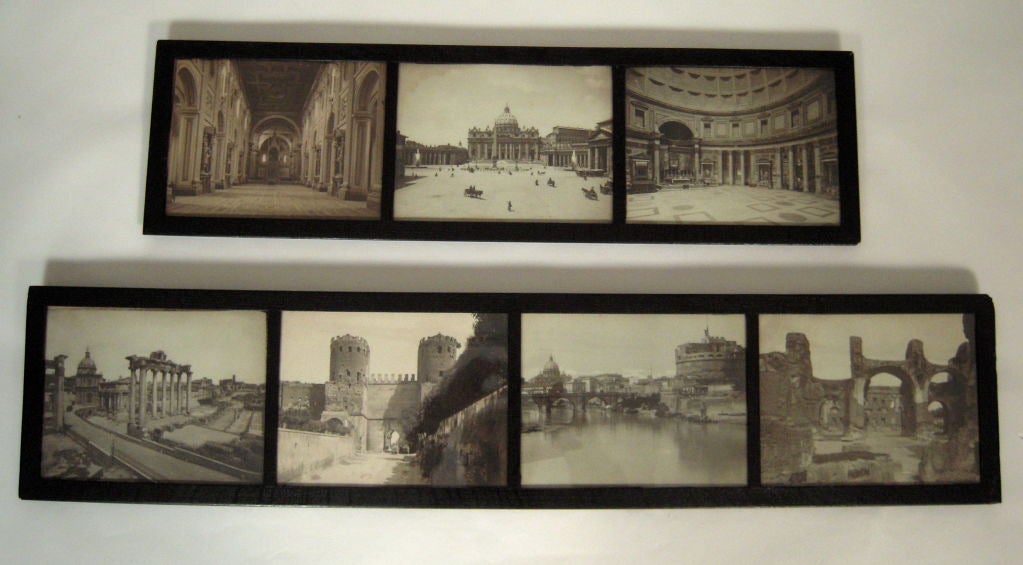 Two framed collections of black and white 'Grand Tour' photographs of Rome in their original ebonized oak frames.