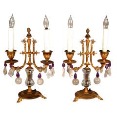 Pair of Gilt-Bronze and Rock Crystal And Amethyst Two-Light Candelabra
