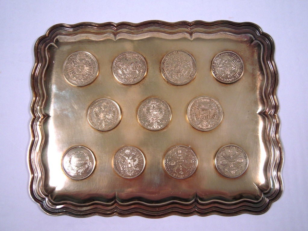 An Unusual European  Silver Gilt Tray Inset with Antique Coins 1