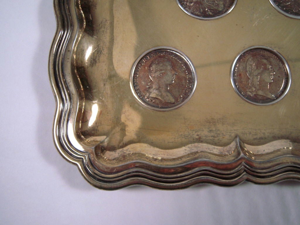 An Unusual European  Silver Gilt Tray Inset with Antique Coins 2