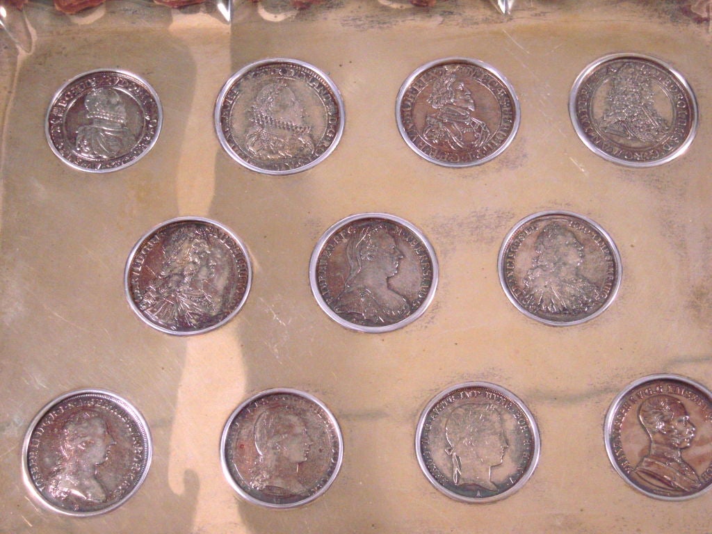 An Unusual European  Silver Gilt Tray Inset with Antique Coins 3